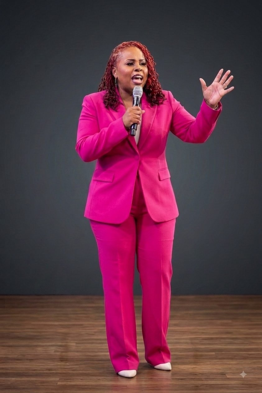 Jacquis Speight in a fuchsia suit ministering on stage